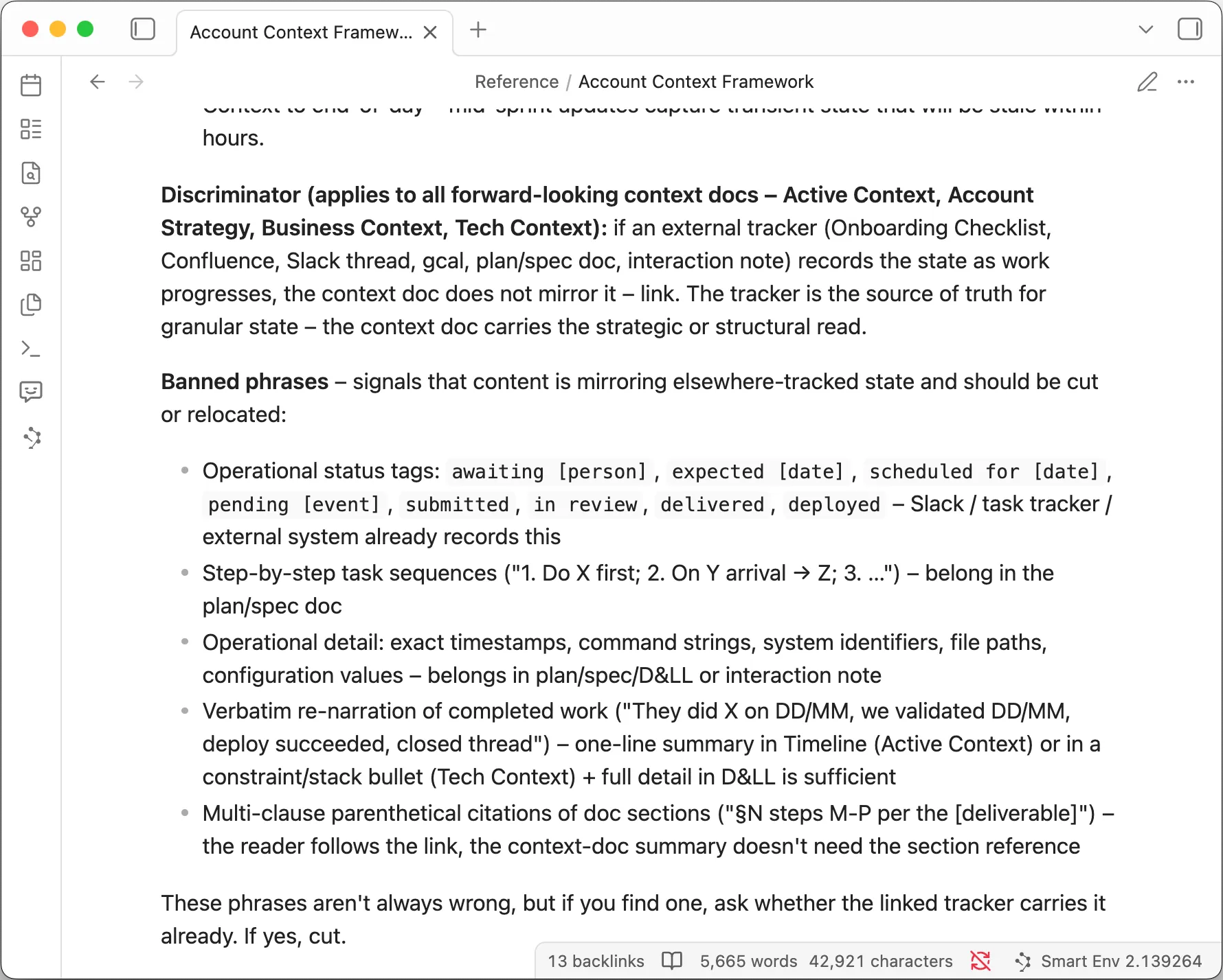 The banned-phrases list in the framework itself, with the source-of-truth rule above it