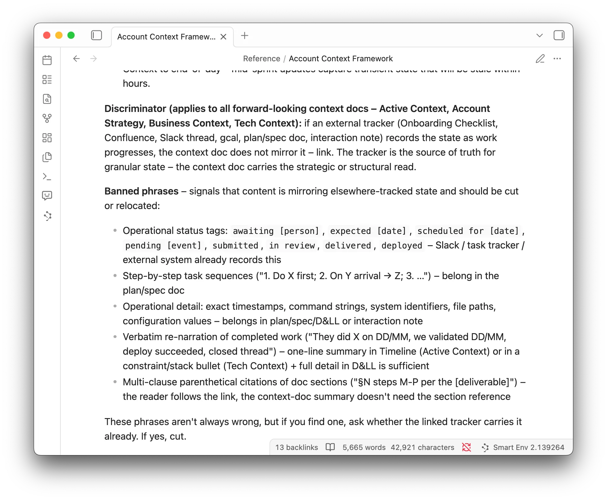 The banned-phrases list in the framework itself, with the source-of-truth rule above it