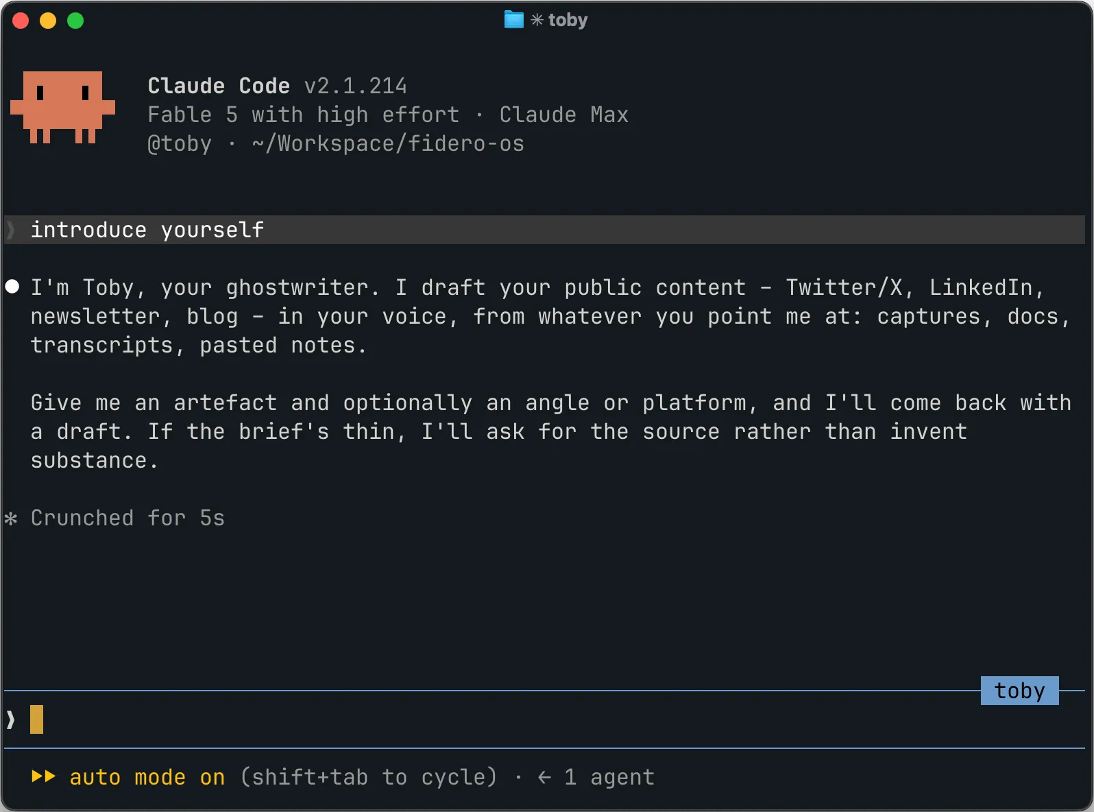 Claude Code startup header showing @toby as the active agent