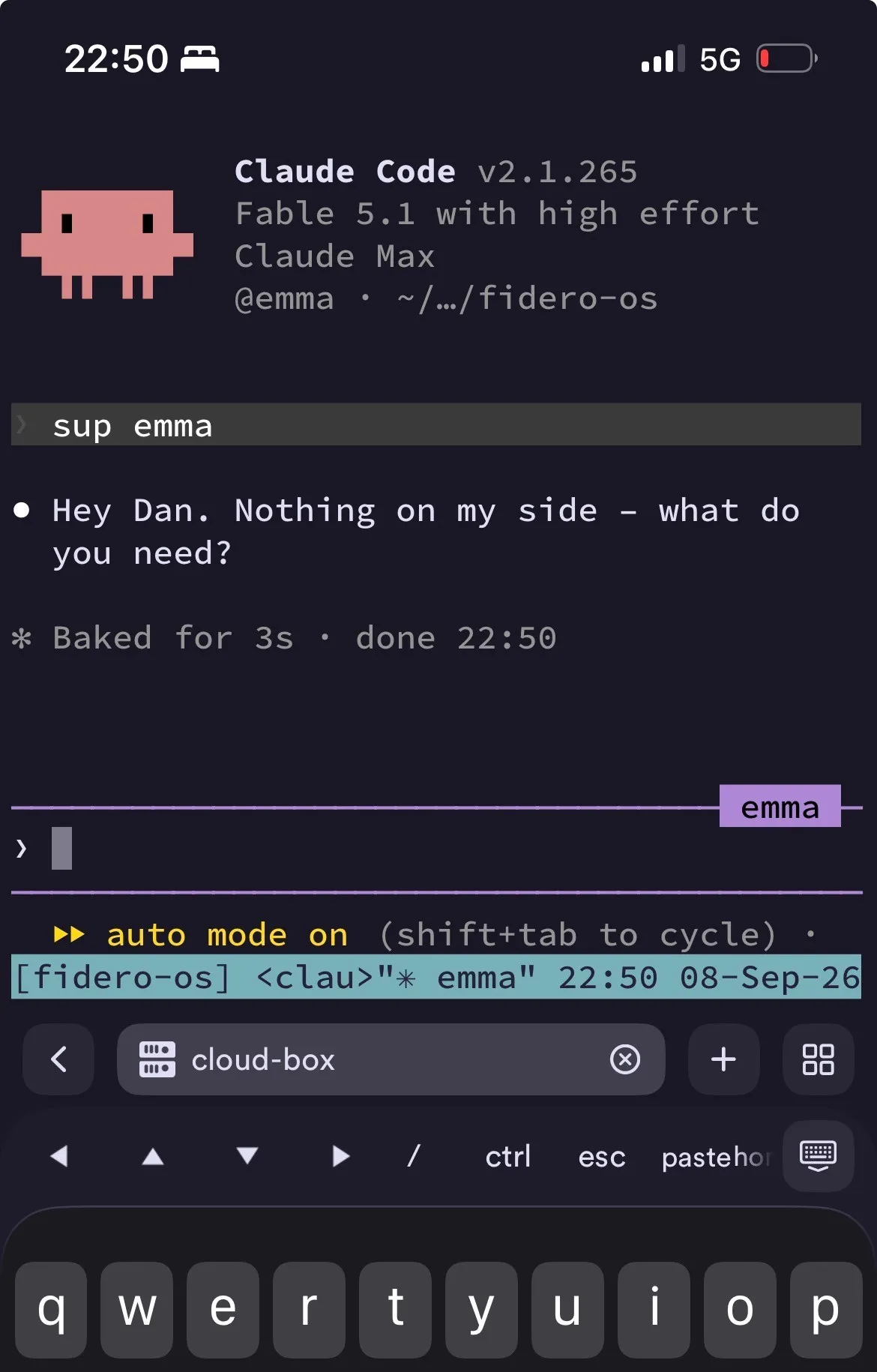 iPhone screenshot of Termius attached to the cloud-box tmux session, with Claude Code running the emma agent in the fidero-os project and auto mode on