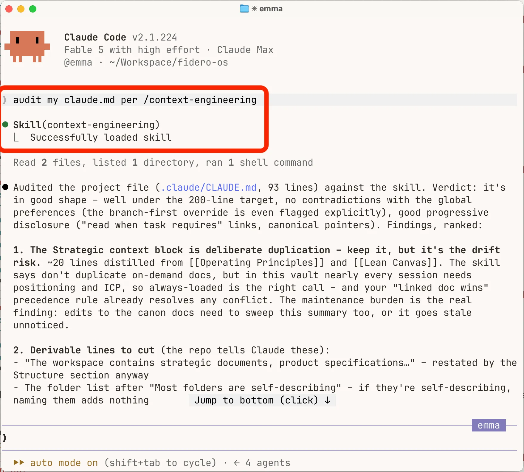 Invoking /context-engineering mid-sentence in a session with Emma, my EA agent – "audit my claude.md per /context-engineering" loads the skill, and Emma runs the audit against it