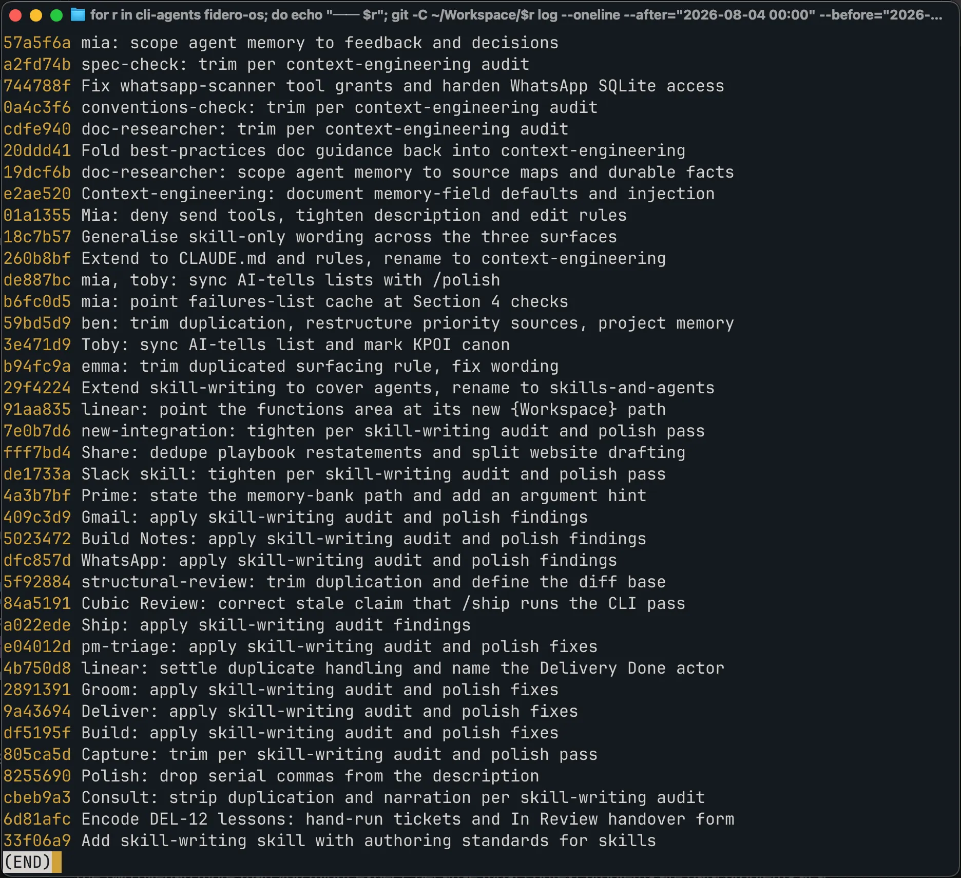 Terminal git log showing the same-day sweep – ~45 commits across two repos applying the context-engineering standard