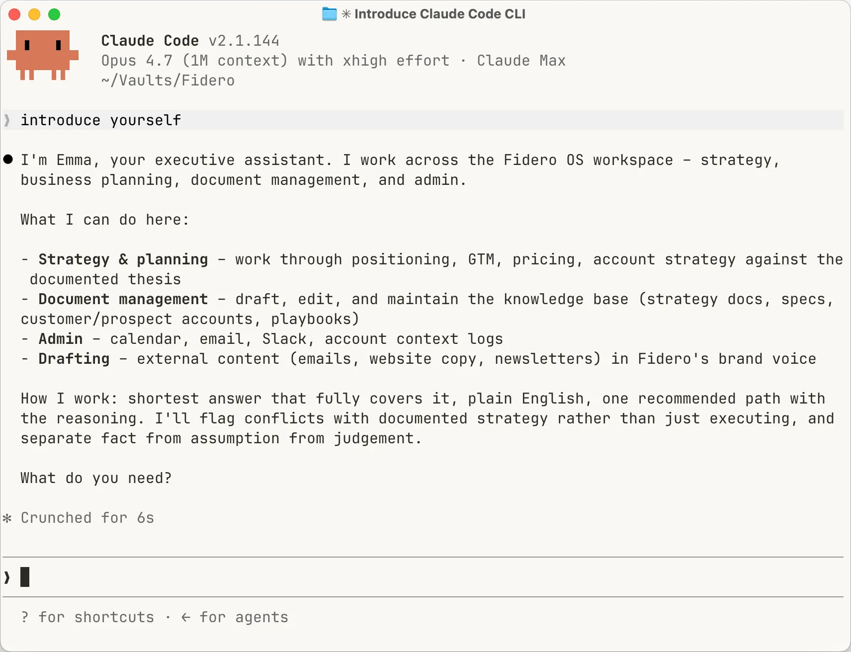 Emma introducing herself in a fresh session – an executive assistant, not a coding assistant