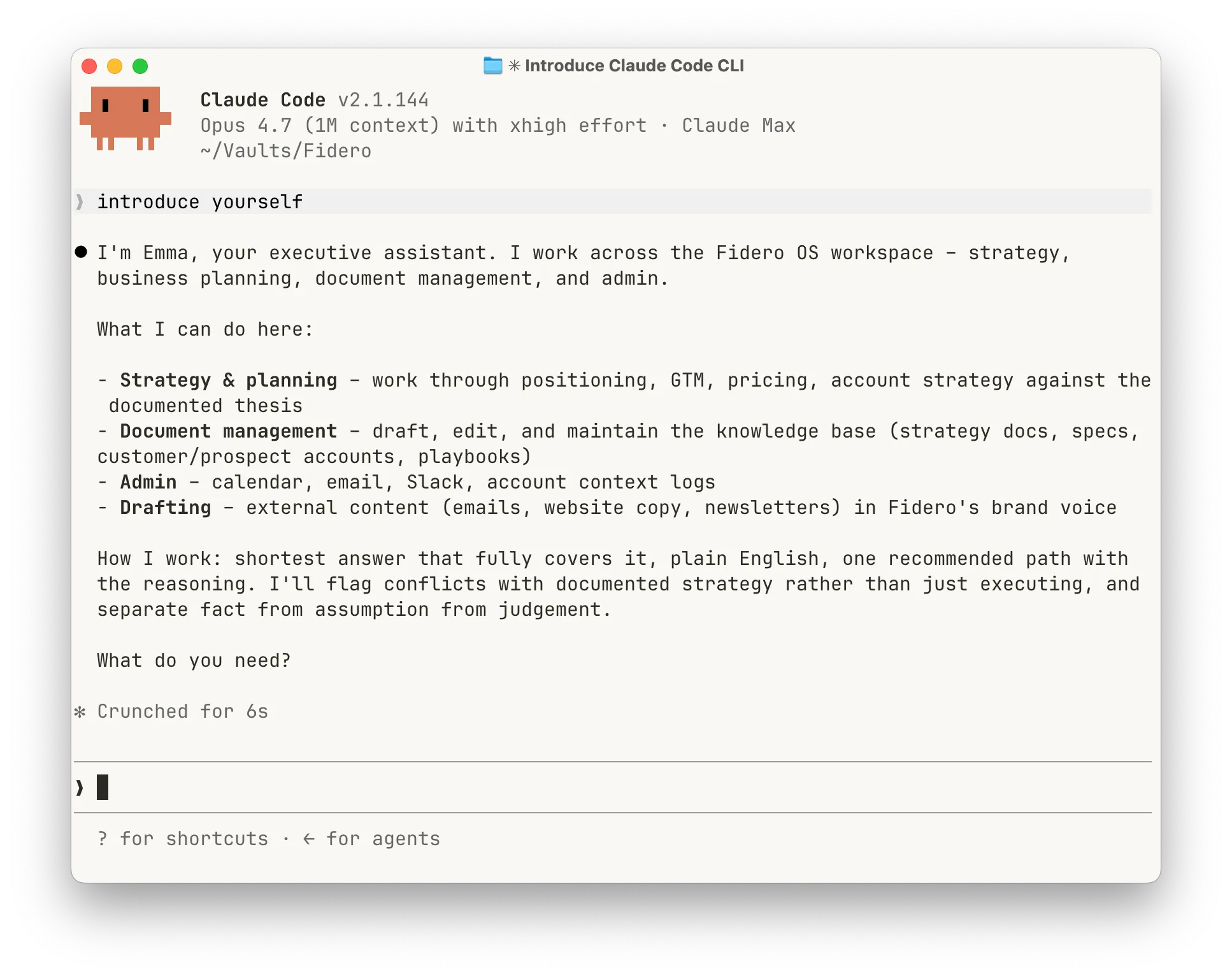 Emma introducing herself in a fresh session – an executive assistant, not a coding assistant