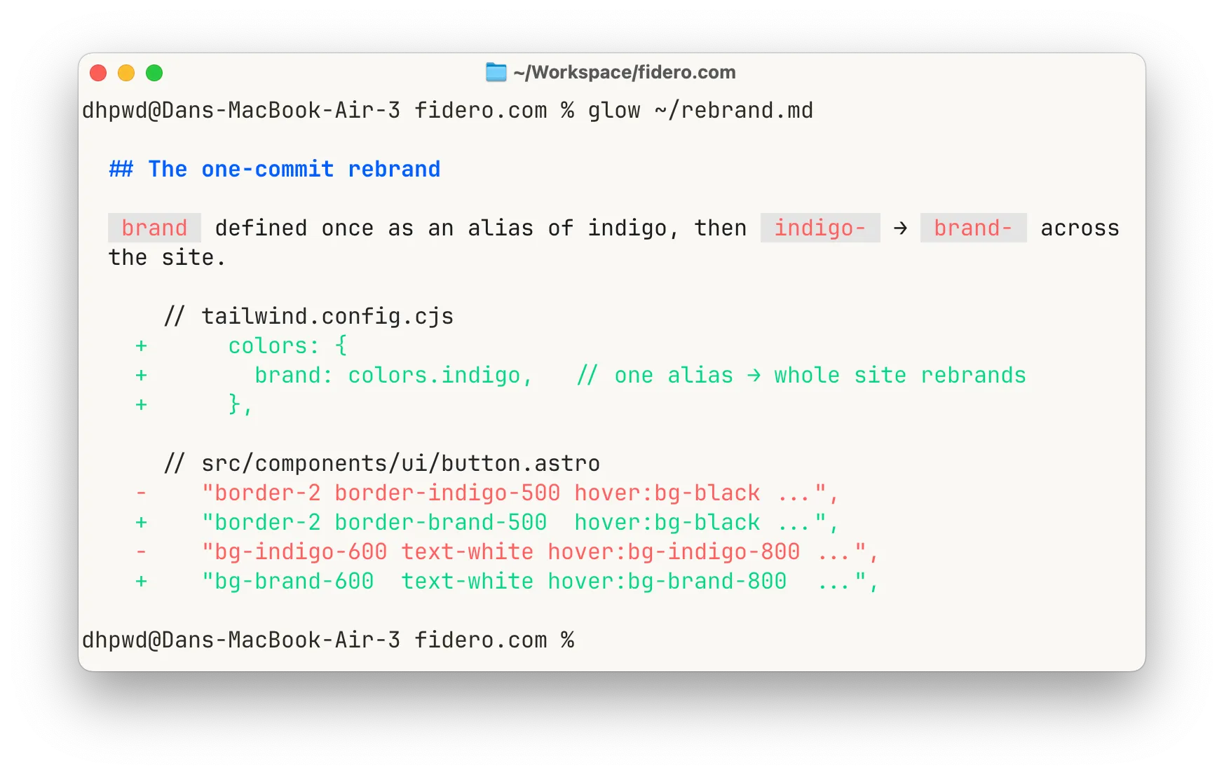 The one-commit rebrand: brand defined as an alias of indigo in the config, with indigo- classes swapped to brand- across the site