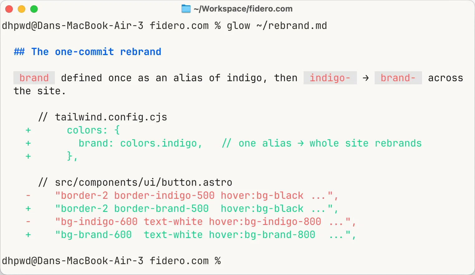 The one-commit rebrand: brand defined as an alias of indigo in the config, with indigo- classes swapped to brand- across the site