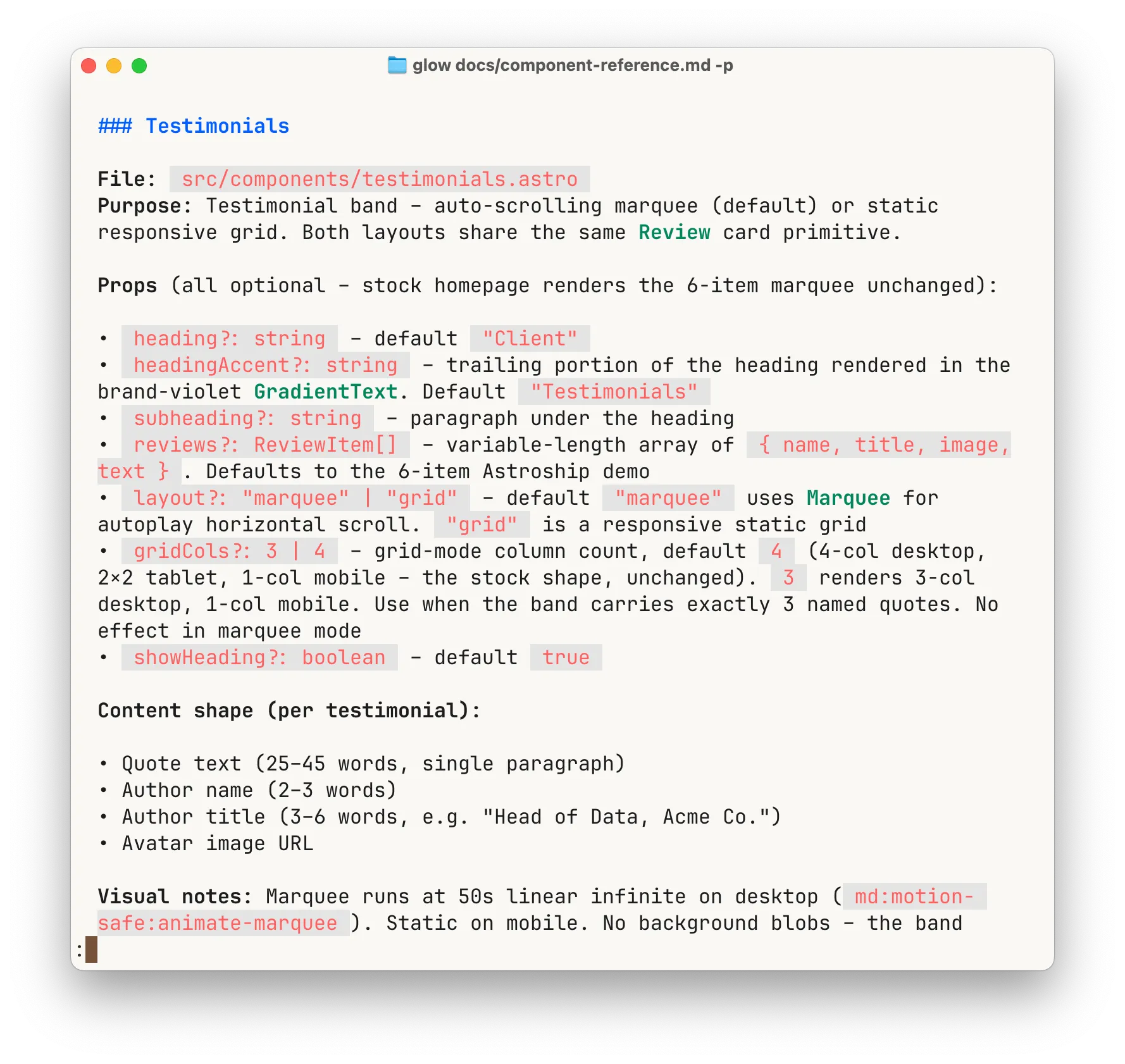 A single component entry from the reference doc – its purpose, the content that goes in it, and the word-count limits for each part