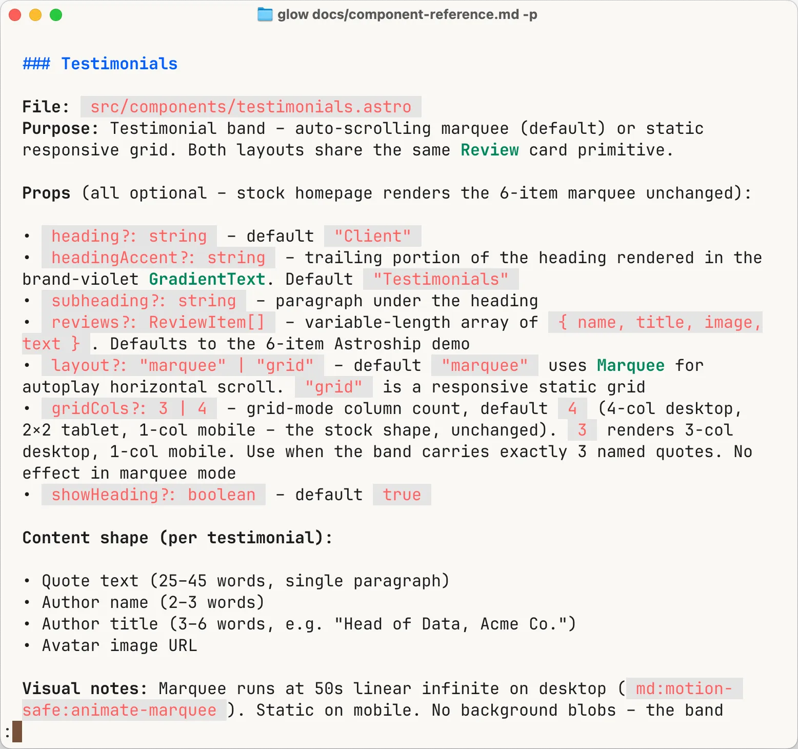 A single component entry from the reference doc – its purpose, the content that goes in it, and the word-count limits for each part