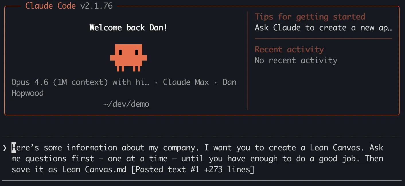 Claude Code mid-conversation, creating the Lean Canvas