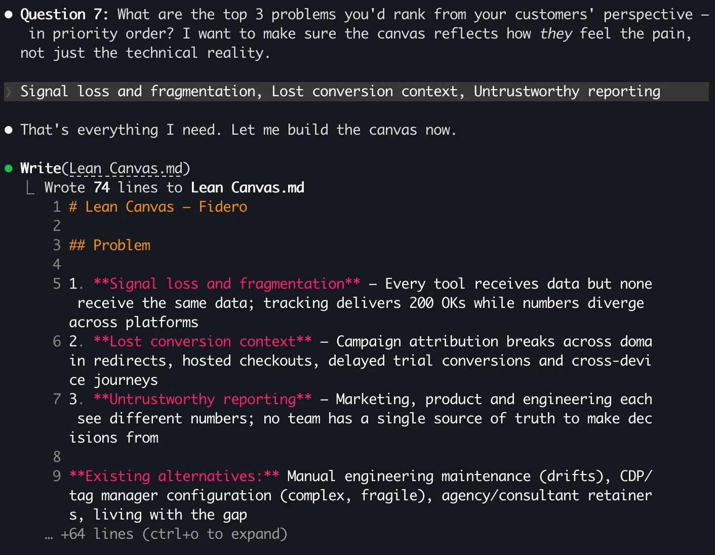 Claude Code continuing the Lean Canvas conversation