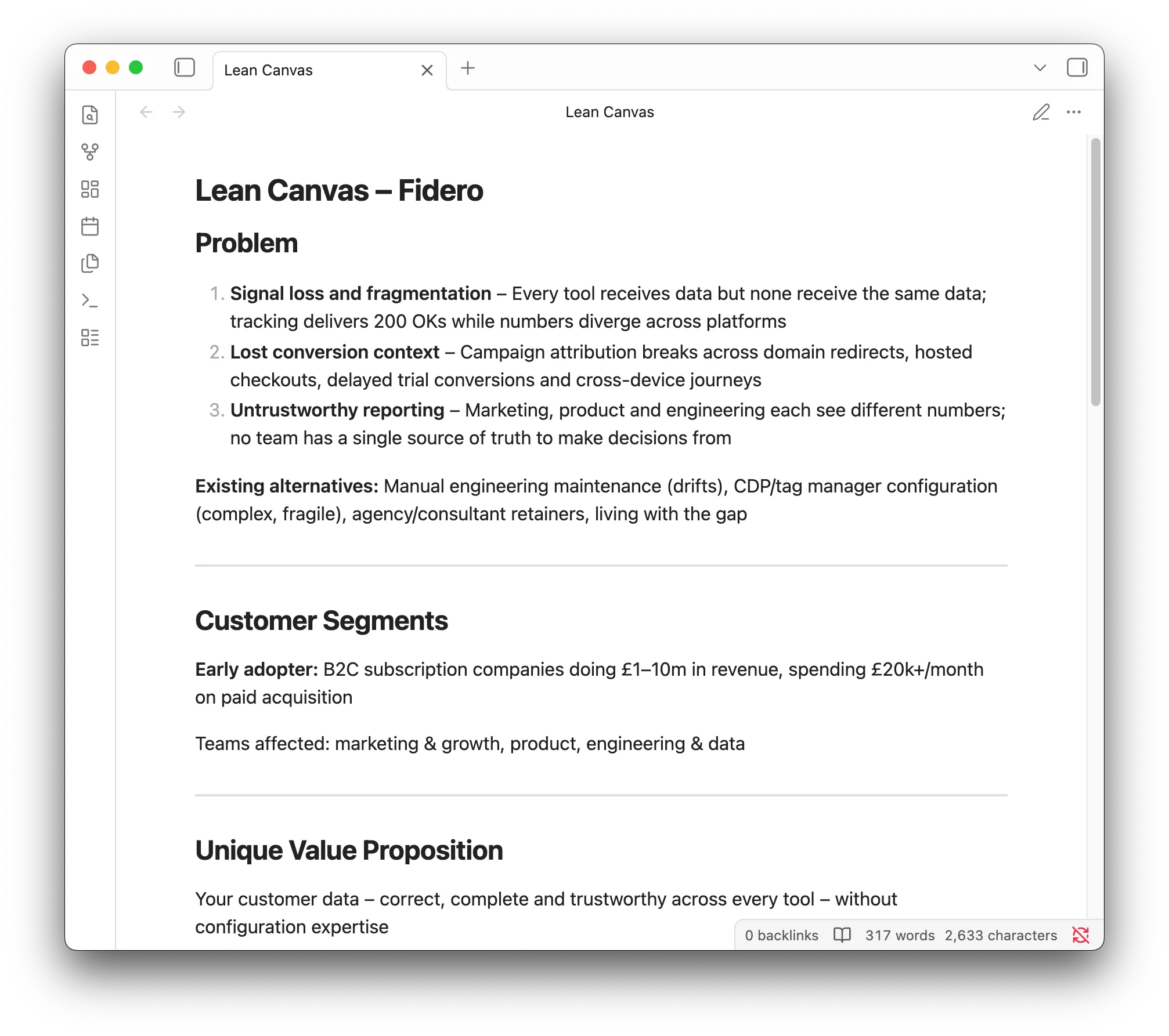 Lean Canvas rendered in Obsidian