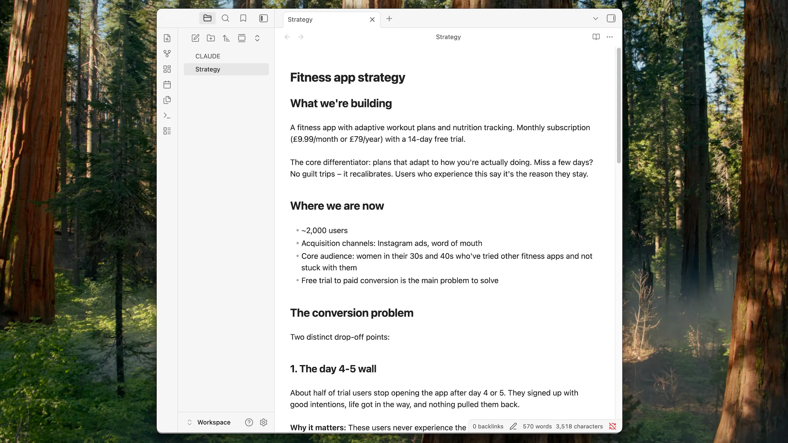 Strategy document rendered in Obsidian