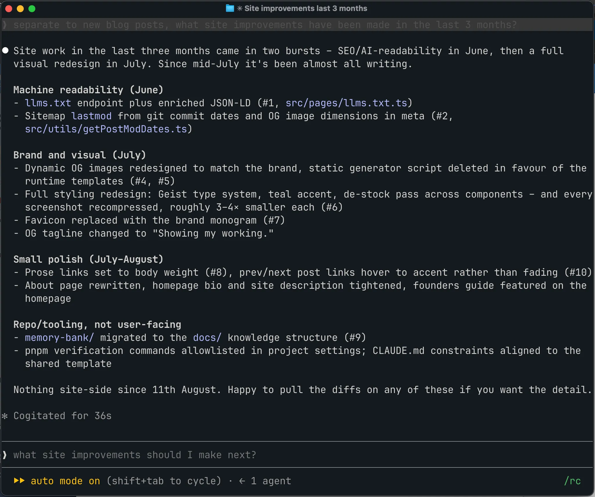 The same question under the Slack output style – a short message leading with the outcome and ending with an offer to pull the diffs for detail