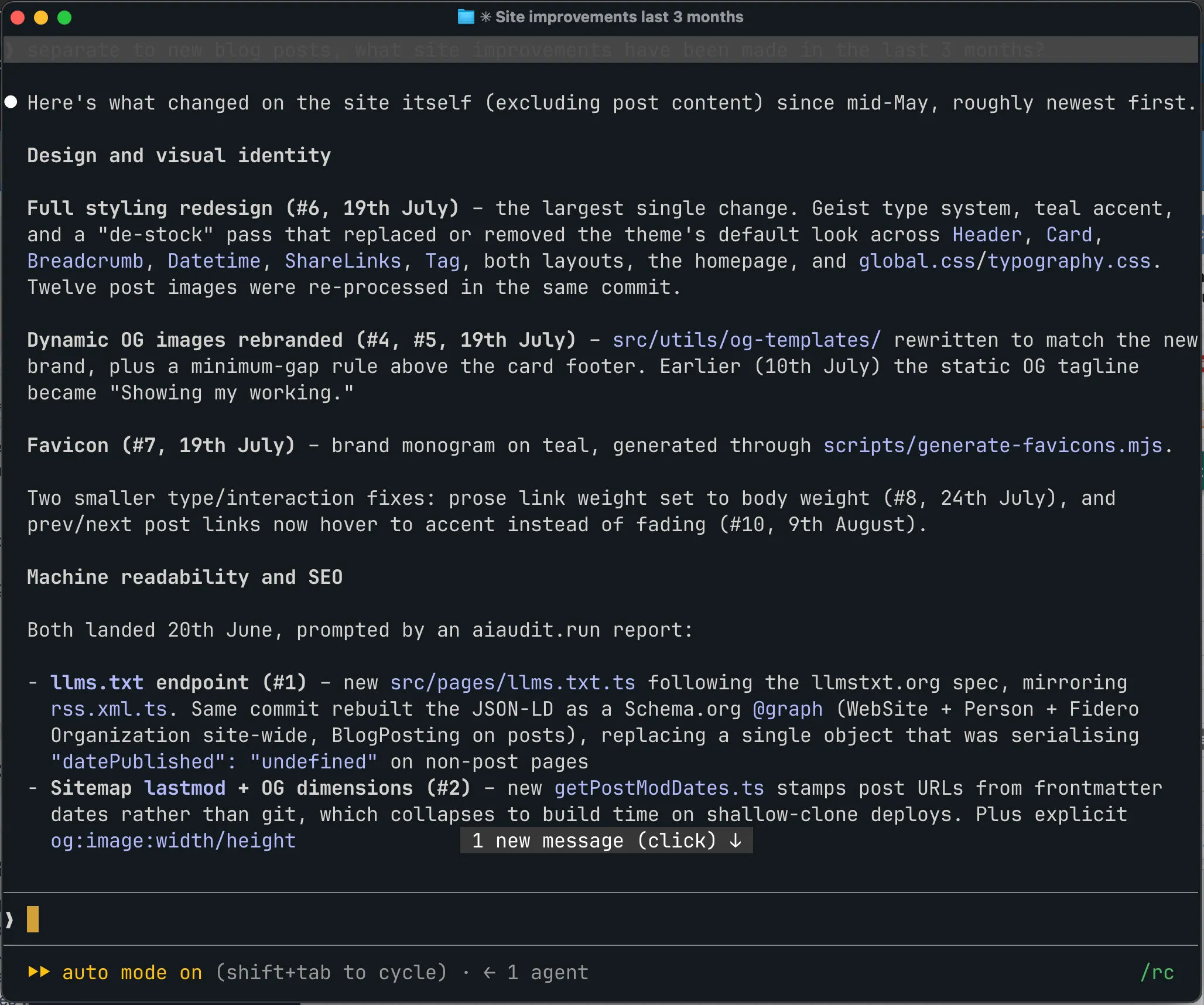 Claude answering "what site improvements have been made in the last 3 months?" as the default agent – headed sections cut off by the terminal