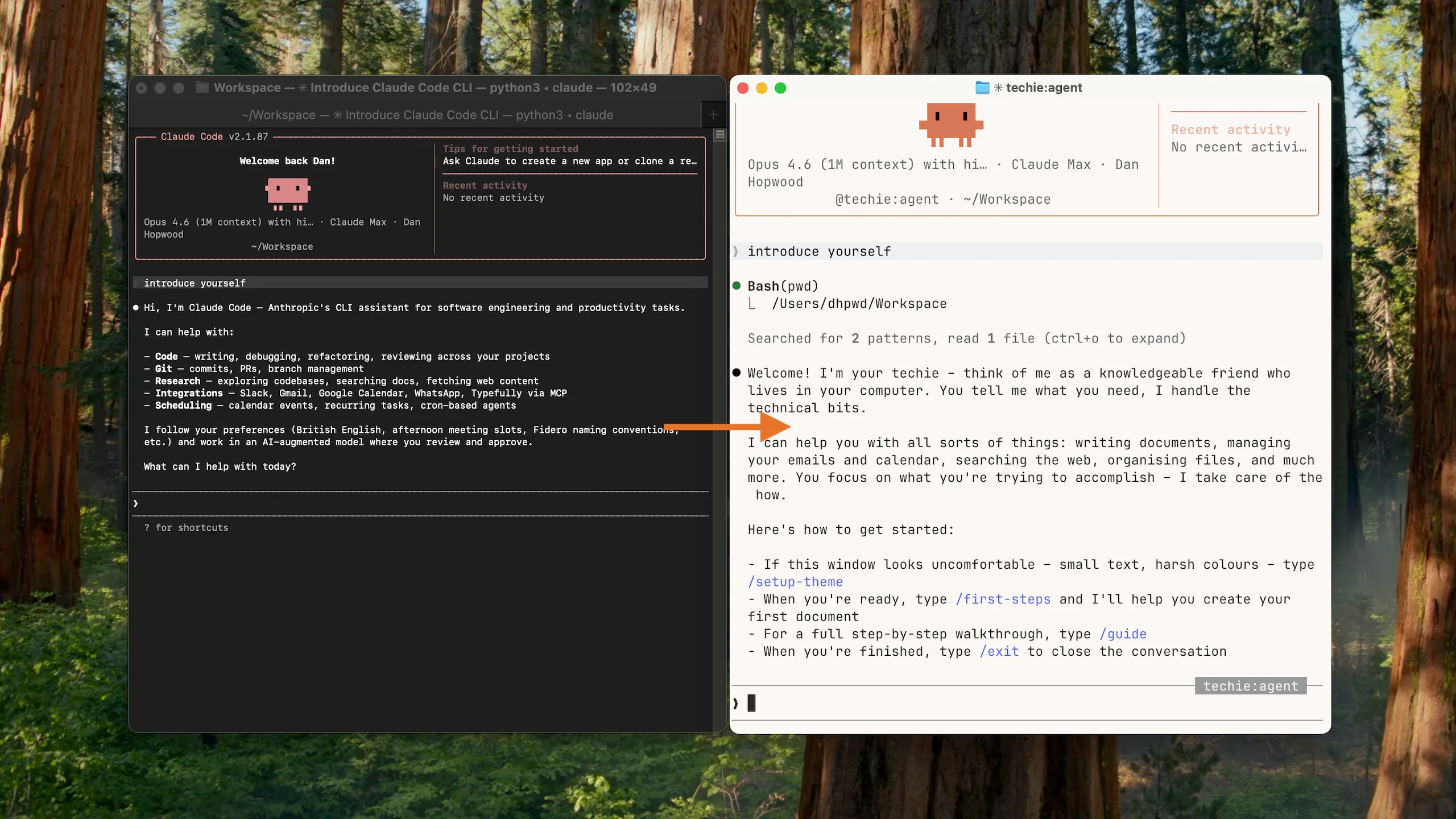 Claude Code without Techie vs with Techie – same tool, different interface