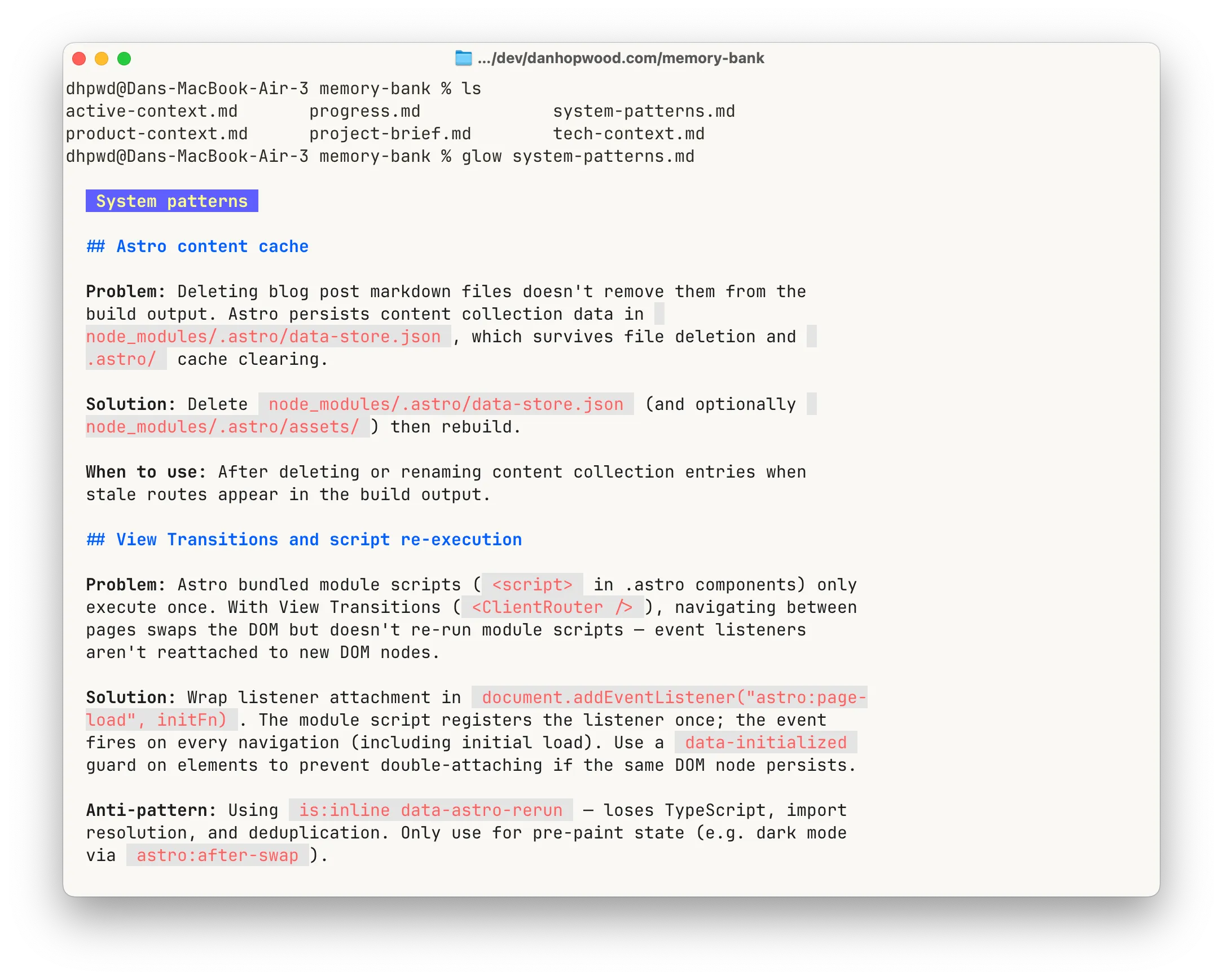 A memory bank folder open in Ghostty – six files visible in the sidebar, system-patterns.md open