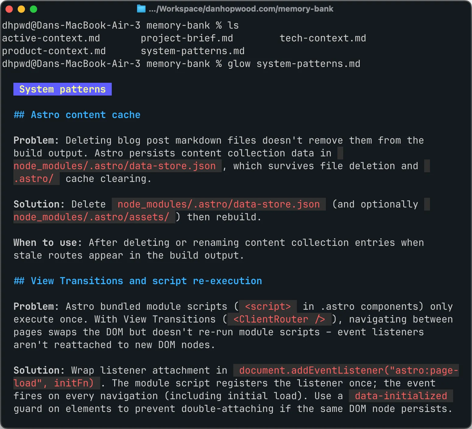 A memory bank folder open in Ghostty – five files visible in the sidebar, system-patterns.md open